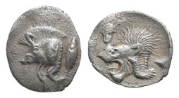 Mysia, Kyzikos. AR, Hemiobol. 0.24 g. - 9.49 mm. Circa 450-400 BC.
Obv.: Forepart of boar left; retrograde K on shoulder; to right, tunny upward.
Re...