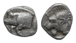 Mysia, Kyzikos. AR Hemiobol. 0.35 g. 7.20 mm. Circa 525-475 BC.
Obv.: Forepart of boar left; to right, tunny upward.
Rev.: Head of lion left; retrog...