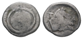 Boeotia, Tanagra. AR Obol, 0.78 g 10.58 mm. Circa 400-350 BC.
Obv: Boiotian shield 
Rev: T - A, forepart of horse right.
Ref: HGC 4, 1292-3.
Fine