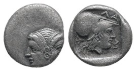 Mysia, Lampsakos. AR Diobol, 1.22 g 11.86 mm. 4th-3rd centuries BC.
Obv: Janiform female head.
Rev: ΛΑΜΨ. Helmeted head of Athena right within incus...