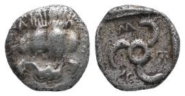 Dynasts of Lycia, Mithrapata. AR Diobol,1.22 g 12.39 mm. Circa 390-370 BC. Uncertain mint.
Obv: Facing scalp of lion.
Rev: Triskeles within incuse s...