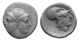 Mysia, Lampsakos. AR Diobol, 1.42 g 11.38 mm. 4th-3rd centuries BC.
Obv: Janiform female head.
Rev: ΛΑΜΨ. Helmeted head of Athena right within incus...