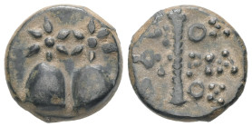 Colchis, Dioscurias. Time of Mithradates VI Eupator. AE. 4.44 g. - 16.23 mm. Circa 105-90 BC. 
Obv.: Piloi of the dioskouroi surmounted by stars.
Rev....