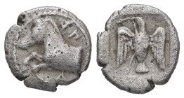 Kings of Thrace, Sparadokos. AR Diobol, 1.13 g 11.34 mm. Circa 464-444 BC.
Obv: ΣΠΑ Forepart of a horse left.
Rev: Eagle flying left, holding serpent ...