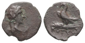 Kings of Thrace, Odrysian. Kotys IV. Circa 171-167 BC. Ae, 1.12 g. - 12.54 mm.
Obv.: Bust right.
Rev.: [ΒΑΣΙΛΕΟΣ] ΚΟΤΥΟΣ. Eagle standing left on thund...