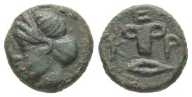Kings of Thrace. Kersobleptes, Kypsela. ca. 359-342/1 BC. AE, 1,73 g. - 11.67 mm.
Obv.: Diademed female head to left.
Rev.: Κ-Ε-P. Two-handled cup (Co...