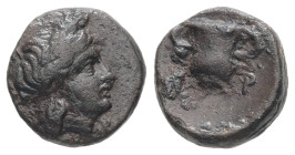 Kings of Thrace, Hebryzelmis. Ae, 1.73 g 11.62 mm. Circa 389-383 BC. 
Obv: Laureate head of Apollo right.
Rev: E - B / P - Y. Two-handled cup.
Ref: To...