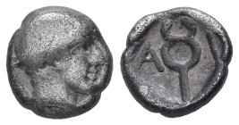 Thrace, Ainos. AR Diobol, 1.27 g 10.09 mm. Circa 464-460 BC.
Obv: Head of Hermes right wearing petasos.
Rev: A-I. Caduceus set diagonally across incus...
