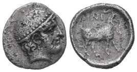 Thrace, Ainos. AR Tetrobol, 2.46 g 14.93 mm. Circa 408-406 BC.
Obv: Head of Hermes right wearing petasos.
Rev: AINI,Goat standing right; Aplasthon? be...