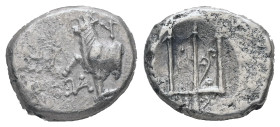 Thrace, Byzantion. AR Hemidrachm, 1.81 g 12.34 mm. Circa 387/6-340 BC.
Obv: 'ΠΥ. Forepart of heifer standing left on dolphin left; monogram below rais...