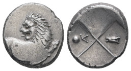 Thrace, Chersonesos. AR Hemidrachm, 2.17 g. - 13.93 mm. Circa 386-338 BC.
Obv.: Forepart of a lion right, head turned back to left.
Rev.: Quadripartit...