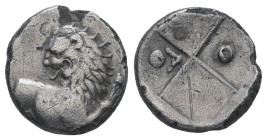 Thrace, Chersonesos. AR Hemidrachm, 1.73 g 13.37 mm. Circa 386-338 BC.
Obv: Forepart of lion right, head left.
Rev: Quadripartite incuse square with a...