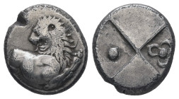 Thrace, Chersonesos. AR Hemidrachm, 2.24 g 13.14 mm. Circa 386-338 BC.
Obv: Forepart of lion right, head left.
Rev: Quadripartite incuse square with a...