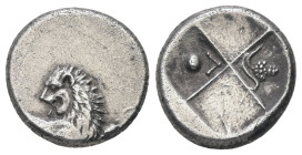Thrace, Chersonesos. AR Hemidrachm, 2.28 g 13.36 mm. Circa 386-338 BC.
Obv: Forepart of lion right, head reverted.
Rev: Quadripartite incuse square wi...