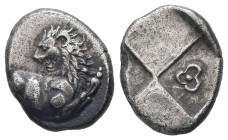 Thrace, Chersonesos. AR Hemidrachm, 2.28 g 14.16 mm. Circa 386-338 BC.
Obv: Forepart of lion right, head left.
Rev: Quadripartite incuse square with a...