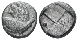Thrace, Chersonesos. AR Hemidrachm, 2.30 g. - 12.58 mm. Circa 386-338 BC.
Obv.: Forepart of a lion to right, head turned back to left.
Rev.: Quadripar...