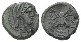 Thrace, Elaios. Ae, 1.87 g 12.58 mm. Circa 330-280 BC.
Obv: Veiled head of Demeter right.
Rev: ΕΛΑΙΟΥΣΙΩΝ. Bee; monogram below.
Ref: SNG Copenhagen 89...