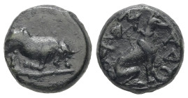 Thrace. Madytos. Ae, 2.69 g 12.60 mm. Circa 350 BC.
Obv: Bull butting right.
Rev: MAΔY. Hound seated right; ivy leaf behind.
Ref: SNG Copenhagen 923-6...