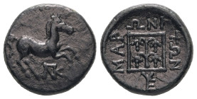 Thrace, Maroneia. Ae, 2.71 g 15.50 mm. Circa 398/97 - 348/47 BC.
Obv: Prancing horse right; monogram below horse.
Rev: MAPΩNITΩΝ. Four bunches of grap...