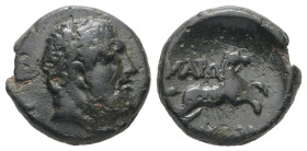 Thrace, Maroneia. Ae, 5.58 g 15.66 mm. Circa 189/8-49/5 BC.
Obv: Laureate and bearded head of Herakles right.
Rev: MAPΩNITΩN. Horse prancing right, wi...