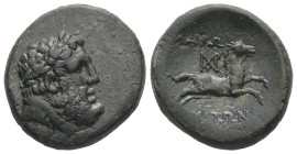 Thrace, Maroneia. Ae, 8.62 g 20.77 mm. Circa 168/7-48/5 BC. 
Obv: Head of Herakles to right, 
Rev: ΜΑΡΩΝΙΤΩΝ, bridled horse galloping to right; above,...