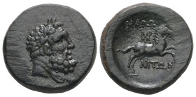 Thrace, Maroneia. Ae, 9.32 g 21.57 mm. Circa 168/7-48/5 BC. 
Obv: Head of Herakles to right, 
Rev: ΜΑΡΩΝΙΤΩΝ, bridled horse galloping to right; above,...