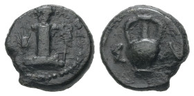 Thrace, Sestos. AE. 1.29 g. - 10.75 mm. Circa 300 BC.
Obv.: Facing herm between grain-ear and kerykeion.
Rev.: Σ - H. Amphora.
Ref.: SNG Copenhagen 93...