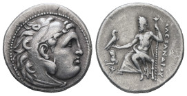 Kings of Thrace (Macedonian). Lysimachos, AR Drachm, 4.21 g 18.33 mm. 305-281 BC. Kolophon.
Obv: Head of Herakles right, wearing lion skin.
Rev: AΛEXA...