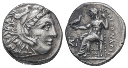 Kings of Macedon, Alexander III 'the Great'. AR Drachm, 4.10 g 17.00 mm. 336-323 BC. Lampsakos.
Obv: Head of Herakles right, wearing lion skin.
Rev: A...