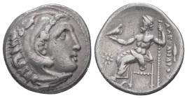Kings of Macedon. Alexander III "the Great", 336-323 BC. AR, Drachm. 4.12 g. - 18.19 mm. Early posthumous issue of Kolophon, ca. 322-317 BC.
Obv.: Hea...