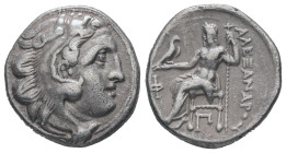 Kings of Macedon, Alexander III 'the Great', 336-323 BC. AR Drachm, 4.34 g. - 17.15 mm. Kolophon.
Obv.: Head of Herakles right, wearing lion skin.
Rev...
