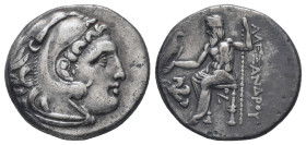 Kings of Macedon, Alexander III 'the Great'. AR Drachm, 4.07 g 17.60 mm. 336-323 BC. Lampsakos.
Obv: Head of Herakles right, wearing lion skin.
Rev: A...