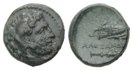 Kings of Macedon, Alexander III 'the Great'. Ae, 1.45 g. 11.11 mm. 336-323 BC. Uncertain mint in Western Asia Minor.
Obv.: Head of Herakles right, wea...
