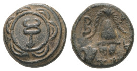 Kings of Macedon, Alexander III ‘the Great’. Ae, 3.02 g 14.39 mm. 336-323 BC. Sardes mint. Struck 325-302 BC. 
Obv: Macedonian shield with kerykion (c...