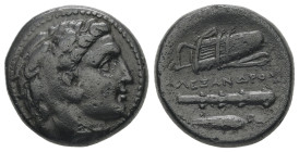 Kings of Macedon, Alexander III 'the Great'. Ae, 5.73 g 17.72 mm. 336-323 BC. Uncertain mint in Western Asia Minor.
Obv: Head of Herakles right, weari...