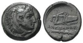 Kings of Macedon, Alexander III 'the Great'. Ae, 5.96 g 18.46 mm. 336-323 BC. Uncertain mint in Western Asia Minor.
Obv: Head of Herakles right, weari...