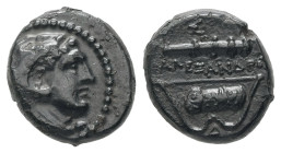 Kings of Macedon, Alexander III 'the Great'. Ae, 1.56 g 11.33 mm. 336-323 BC. Macedonian mint.
Obv: Head of Herakles right, wearing lion skin.
Rev: AΛ...