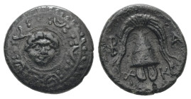 Kings of Macedon. Alexander III 'the Great'. Ae, 1.73 g 13.83 mm. 336-323 BC. Uncertain mint, possibly Miletos.
Obv.: Macedonian shield, with facing g...