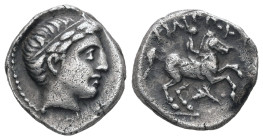 Kings of Macedon, Philip II. 1/5 Tetradrachm, 2.56 g 15.25 mm. 359-336 BC. Amphipolis.
Obv: Head of Apollo right, wearing tainia.
Rev: ΦIΛIΠΠOY. Horse...