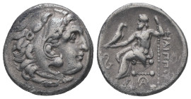 Kings of Macedon, Philip III Arrhidaios, 323-317 BC. AR Drachm, 4.08 g. - 17.80 mm. Lampsakos.
Obv.: Head of Herakles right, wearing lion skin.
Rev.: ...