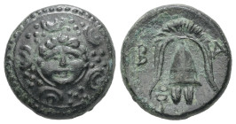 Kings of Macedon, Philip III Arrhidaios. Ae, 4.64 g. 15.89 mm. 323-317 BC. Salamis.
Obv.: Macedonian shield, with facing gorgoneion on boss.
Rev.: B -...