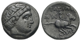 Kings of Macedon. Philip III Arrhidaios.Ae, 3.82 g 17.42 mm. 323-317 BC.Miletos
Obv: Diademed head of Apollo right.
Rev: Horseman riding right; labrys...