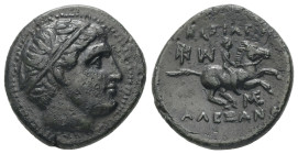 Kings of Macedon, Philip III Arrhidaios, Ae, 4.19 g 18.95 mm. 323-317 BC. Miletos.
Obv: Diademed head of Apollo right.
Rev: BAΣIΛEΩΣ ΦΙΛΙΠΠΟΥ. Horsema...