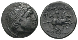 Kings of Macedon, Philip III Arrhidaios, Ae, 4.75 g 18.34 mm. 323-317 BC. Miletos.
Obv: Diademed head of Apollo right.
Rev: BAΣIΛEΩΣ ΦΙΛΙΠΠΟΥ. Horsema...