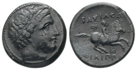 Kings of Macedon, Philip III Arrhidaios, Ae, 4.93 g 18.51 mm. 323-317 BC. Miletos.
Obv: Diademed head of Apollo right.
Rev: BAΣIΛEΩΣ ΦΙΛΙΠΠΟΥ. Horsema...