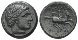 Kings of Macedon, Philip III Arrhidaios, Ae, 5.52 g 19.67 mm. 323-317 BC. Miletos.
Obv: Diademed head of Apollo right.
Rev: BAΣIΛEΩΣ ΦΙΛΙΠΠΟΥ. Horsema...
