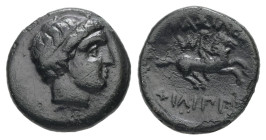 Kings of Macedon, Philip II. Ae, 1.39 g 11.59 mm. 359-336 BC. Miletos.
Obv: Diademed head of Apollo right.
Rev: BAΣIΛEΩΣ ΦIΛIΠΠOY. Youth on horseback ...