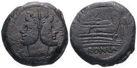 Anonymous, circa 208 BC. AE, As. 29.08 g. 33.51 mm. Mint in southeast Italy.
Obv: Laureate head of Janus.
Rev: Prow of galley right.
Ref: Crawford ...
