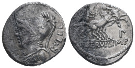 P. Servilius M.f. Rullus, 100 BC. AR, Denarius. 4.00 g. 19.55 mm. Rome.
Obv: RVLLI. Bust of Minerva, left, wearing Corinthian helmet and aegis.
Rev:...