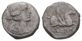 Q. Titus, 90 BC. AR, Denarius. 2.06 g. 12.42 mm. Rome.
Obv: Head of Liber, right, wearing ivy-wreath.
Rev: Q· TITI. Pegasus, right; below, in linear f...